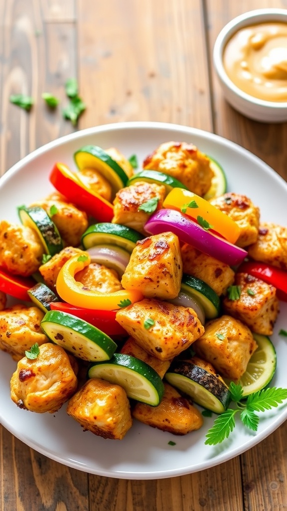 Juicy chicken kabobs with bell peppers and zucchini, served on a plate with dipping sauce.
